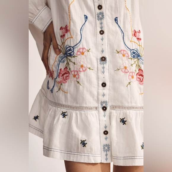 Anthropologie Pilcro Long Sleeve V-Neck Embroidered Swing Shirt Dress Size Large - Picture 5 of 11